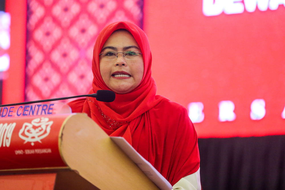 Wanita Umno chief Datuk Noraini Ahmad speaks during the 2019 Umno General Assembly at Putra World Trade Centre in Kuala Lumpur December 5, 2019. u00e2u20acu201d Picture by Firdaus Latif