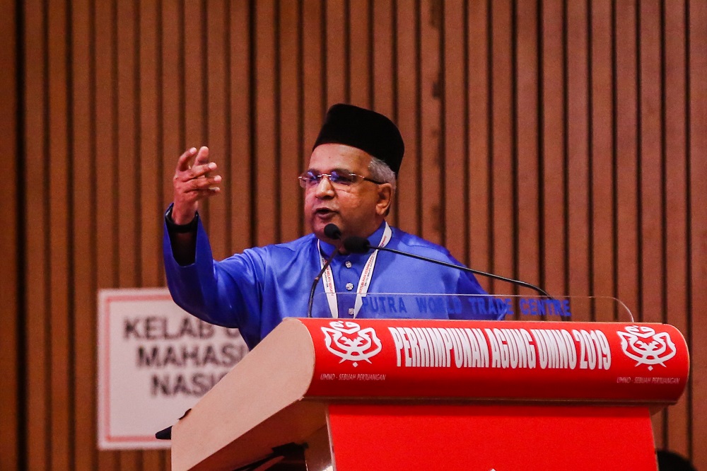 Bukit Gelugor division chief Datuk Omar Faudzar speaks during the Umno Annual General Assembly in Kuala Lumpur December 7, 2019. — Picture by Firdaus Latif