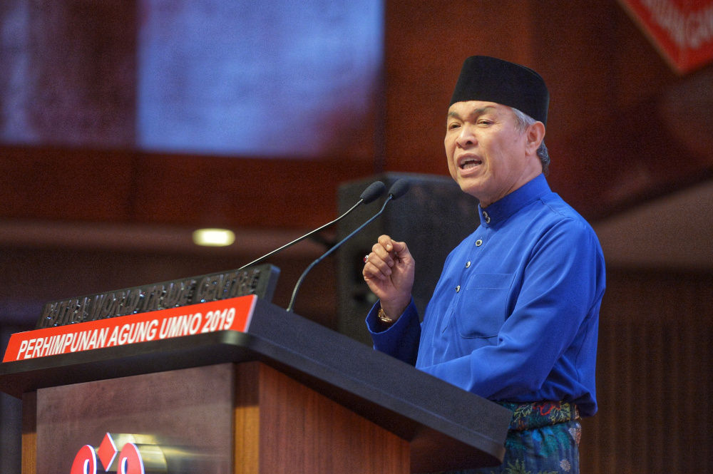 Umno president Datuk Seri Ahmad Zahid Hamidi delivers his speech during the Umno General Assembly 2019 at PWTC in Kuala Lumpur December 7, 2019 u00e2u20acu201d Picture by Shafwan Zaidon