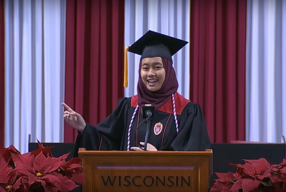 Lisa Nur Marini Mohd Kamal delivering her speech at University of Wisconsin-Madison convocation. — Screengrab via YouTube/Campus Alpha