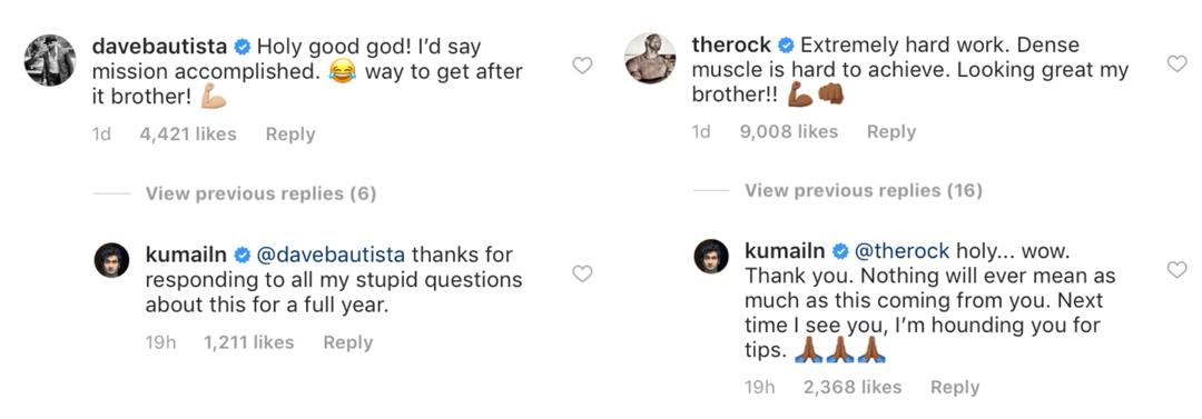Former wrestlers, The Rock and Batista, heap praise on Kumail’s new look. — Screengrab via Instagram/@kumailn