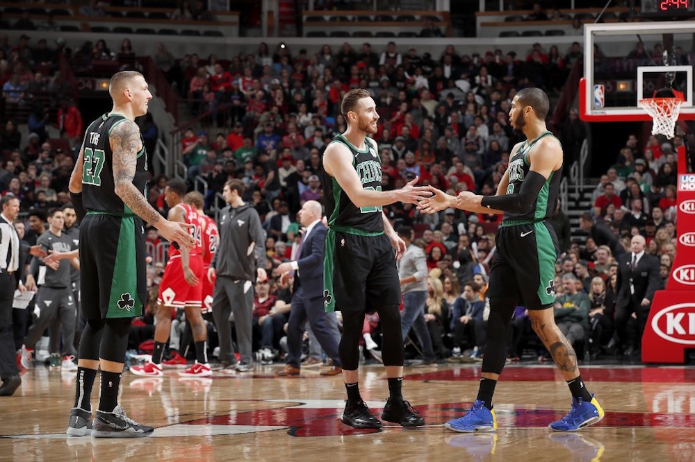 Gordon Hayward and Jayson Tatum of the Boston Celtics high-five each other during the game against the Chicago Bulls at United Centre in Chicago January 4, 2020. u00e2u20acu201d AFP pic