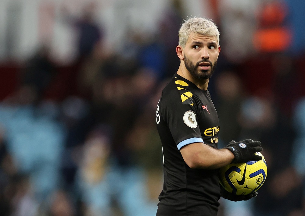 Manchester City's Sergio Aguero celebrates with the match ball at the end of the game against Aston Villa at Villa Park in Birmingham January 12, 2020. u00e2u20acu201d Action Images via Reuters