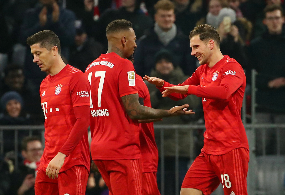 Bayern Munichu00e2u20acu2122s Leon Goretzka celebrates scoring their third goal with Jerome Boateng during the Bundesliga match with Schalke at Allianz Arena in Munich January 25, 2020. u00e2u20acu201d Reuters pic