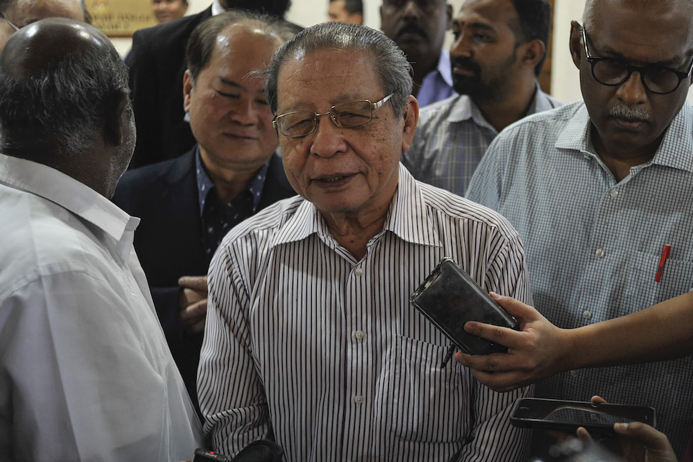 Lim Kit Siang speaks to the media at the Kuala Lumpur Court Complex in this file picture taken on February 24, 2020. —  Picture by Shafwan Zaidon