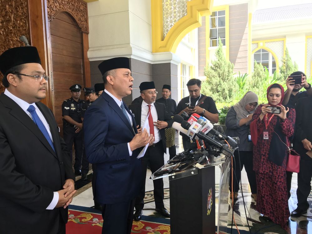 Comptroller of the Royal Family and Household Datuk Ahmad Fadil Shamsuddin addresses members of the press at Istana Negara February 25, 2020. — Picture by Radzi Razak