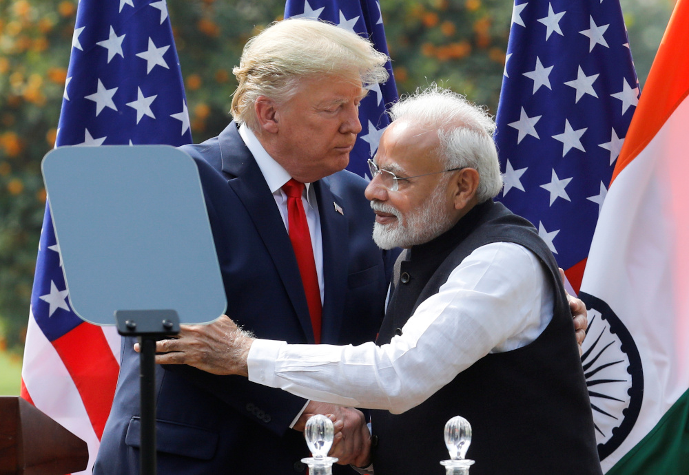 US President Donald Trump and Indiau00e2u20acu2122s Prime Minister Narendra Modi embrace during a joint news conference after bilateral talks at Hyderabad House in New Delhi, India, February 25, 2020. u00e2u20acu201d Reuters pic 