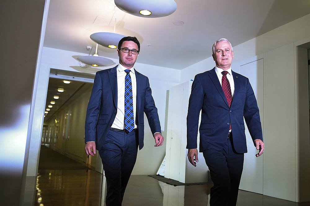 Re-elected National Party leader Michael McCormack (right) and newly elected No. 2 David Littleproud arrive at Parliament House in Canberra, Australia February 4, 2020. u00e2u20acu201d AAP Image/Lukas Coch pic via Reuters