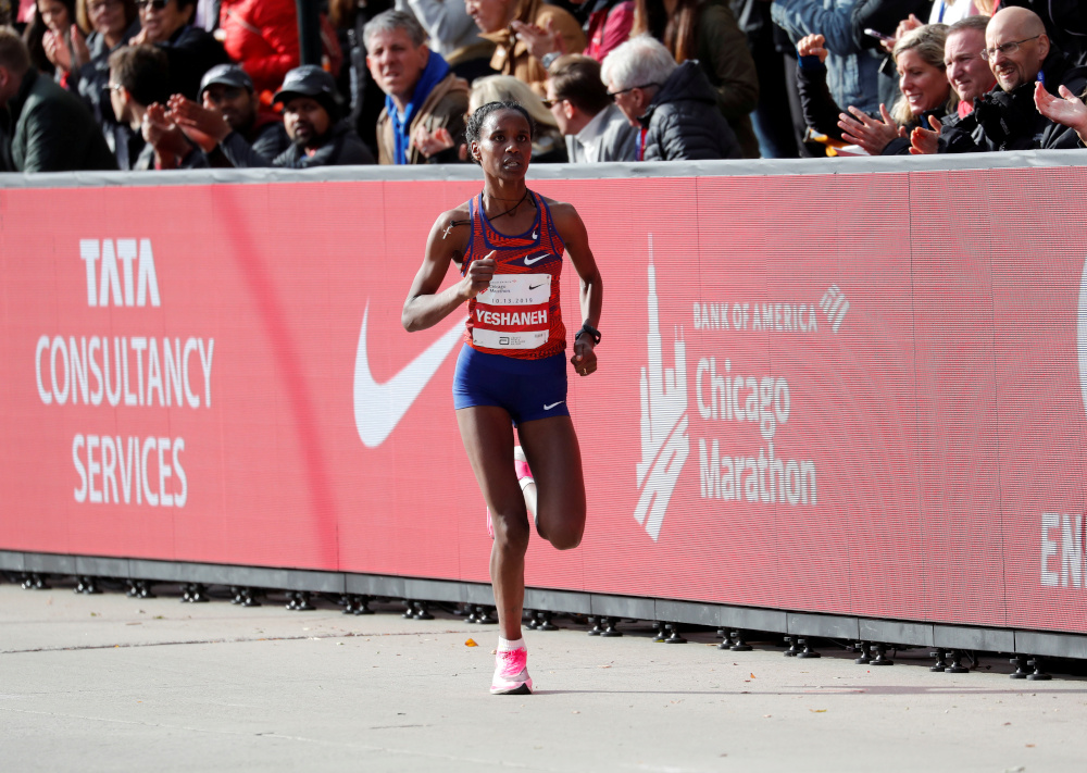 Ethiopia’s Ababel Yeshaneh in action before finishing second in the women’s marathon category at the Chicago Marathon in Chicago October 13, 2019. — Reuters pic