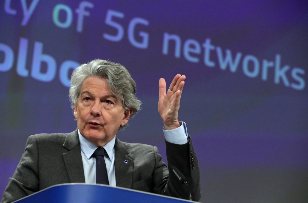 European Commissioner for the Internal Market Thierry Breton gestures as he communicates on the EU’s 5G plan in Brussels January 29, 2020. — Reuters pic