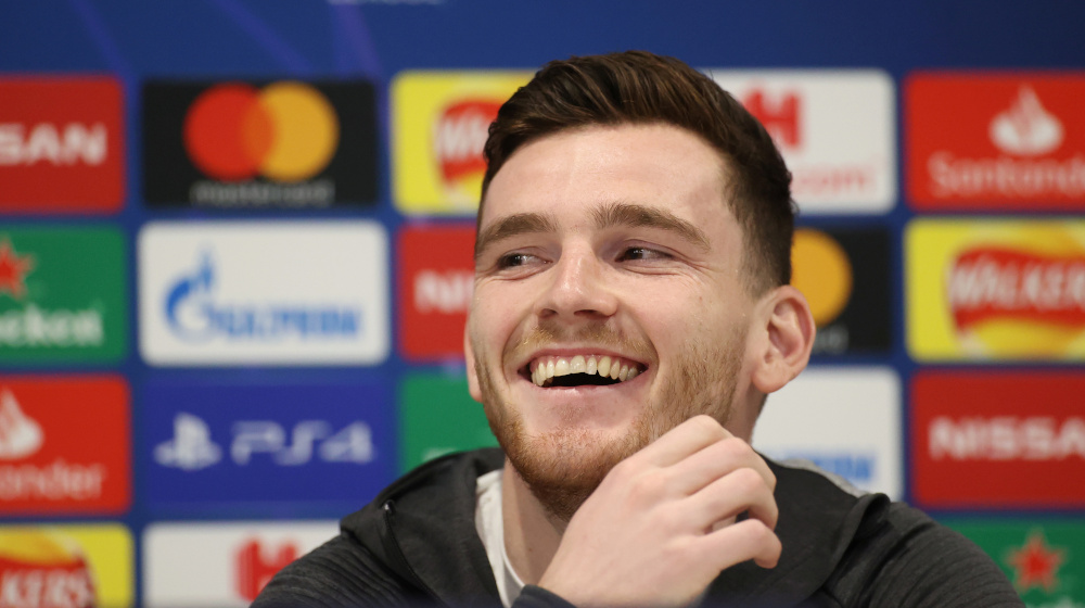 Liverpoolu00e2u20acu2122s Andrew Robertson during the press conference at Anfield, Liverpool, Britain March 10, 2020. u00e2u20acu201d Action Images pic via Reutersn
