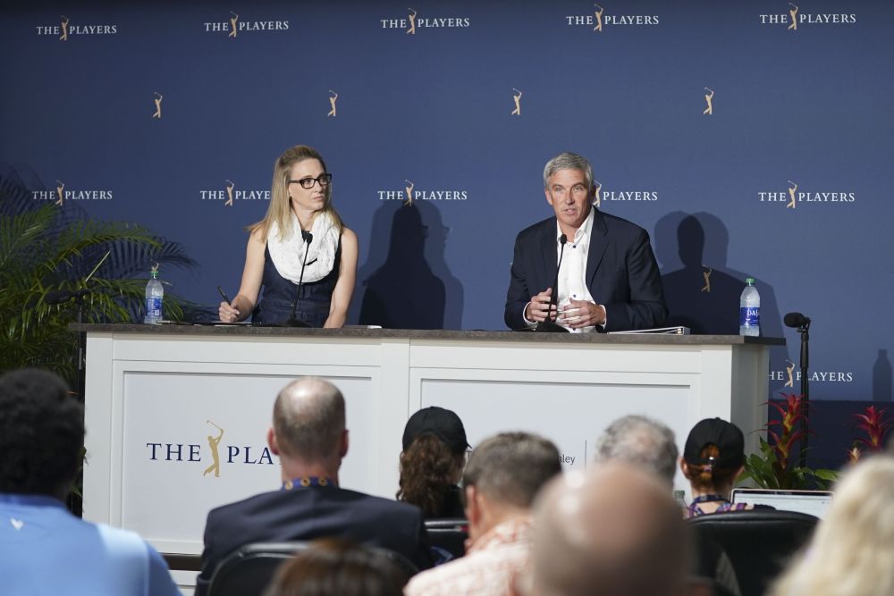 PGA Tour commissioner Jay Monahan (right) addresses the media about the coronavirus pandemic during the first round of the 2020 edition of The Players Championship golf tournament in Florida March 13, 2020. u00e2u20acu201dReuters pic