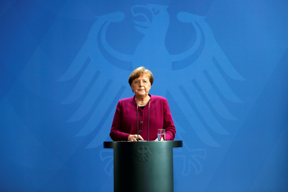 German Chancellor Angela Merkel speaks during a media briefing about measures of the German government to avoid the further spread of the coronavirus disease (Covid-19), at the chancellery in Berlin, Germany, April 9, 2020. u00e2u20acu201d Reuters pic