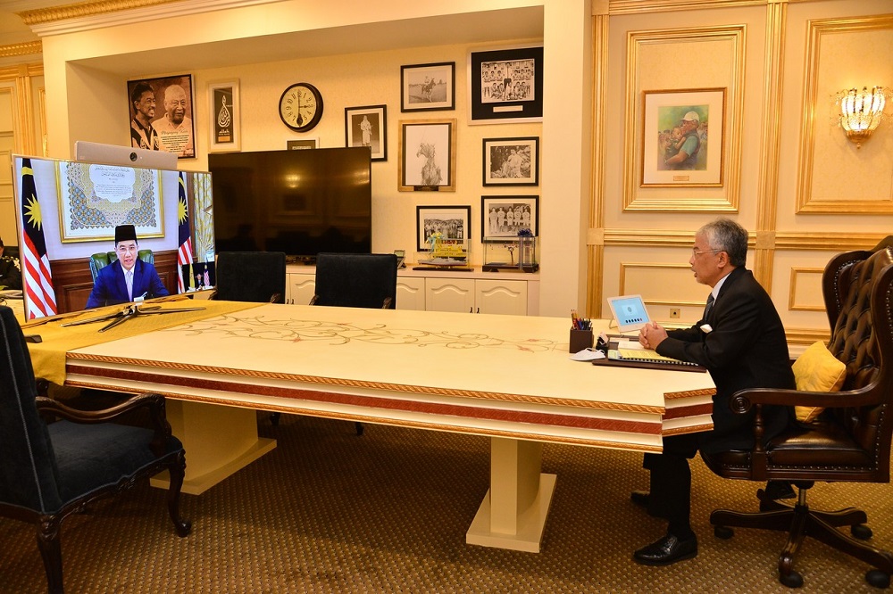 Yang di-Pertuan Agong Al-Sultan Abdullah Ri'ayatuddin Al-Mustafa Billah Shah during a video conference at Istana Negara April 28, 2020. u00e2u20acu2022 Bernama pic