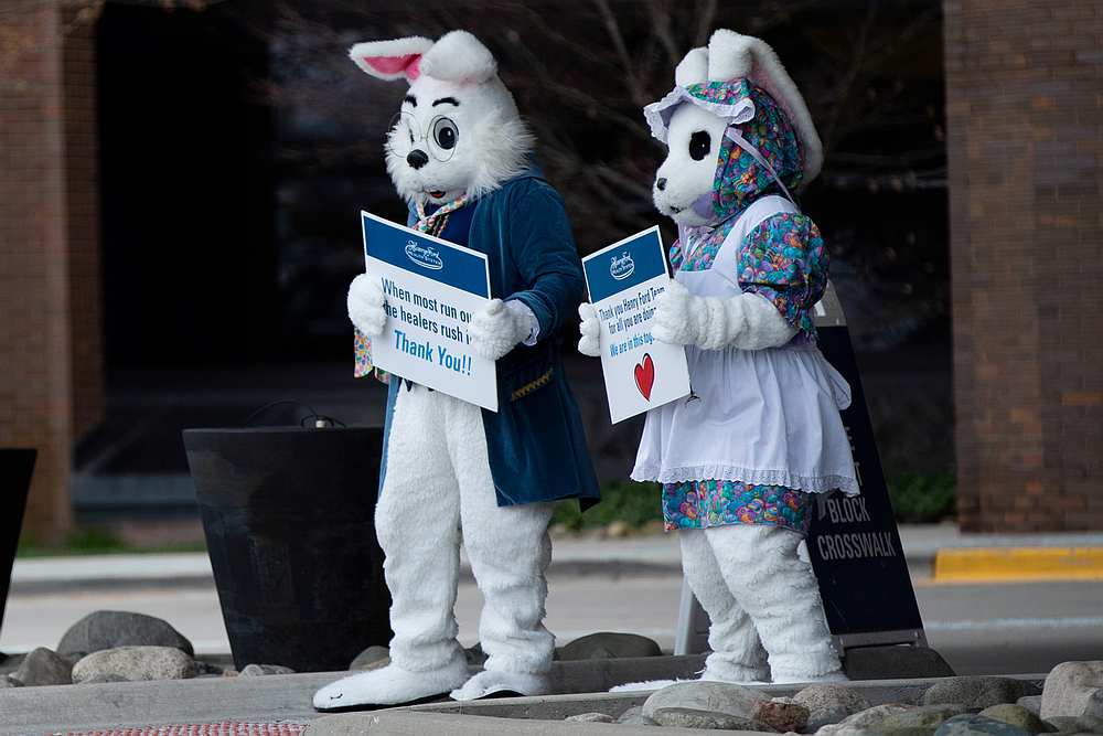 Easter bunnies with West Bloomfield Parks and Recreation Commission greet visitors and workers at Henry Ford Hospital in West Bloomfield, Michigan April 10, 2020. u00e2u20acu201d Reuters pic