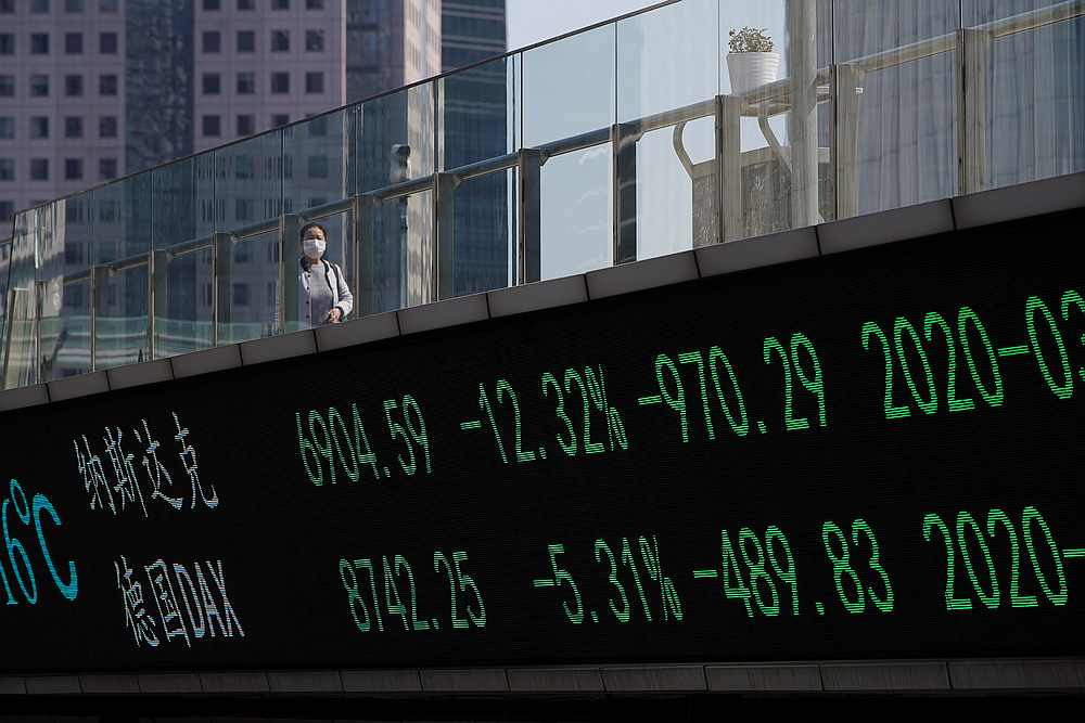 A pedestrian wearing a face mask walks on an overpass with an electronic board showing stock information at Lujiazui financial district in Shanghai, China March 17, 2020. u00e2u20acu201d Reuters pic