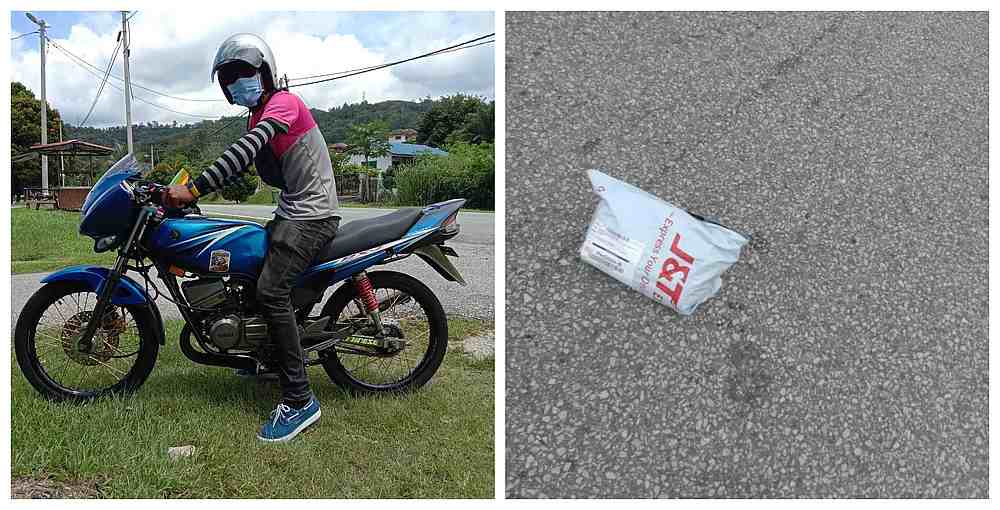 Muhammad Shabri spotted the missing parcel on a road and made sure it reached its receiver safely. u00e2u20acu201d Pictures from Facebook/Muhammad Shabri, Nur Farah Ayu