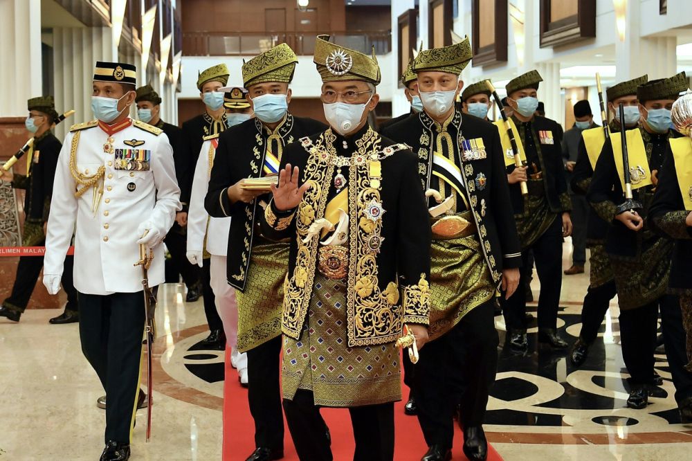 The Yang di-Pertuan Agong Al-Sultan Abdullah Ri’ayatuddin Al-Mustafa Billah Shah arrives at Parliament in Kuala Lumpur May 18, 2020. — Bernama pic