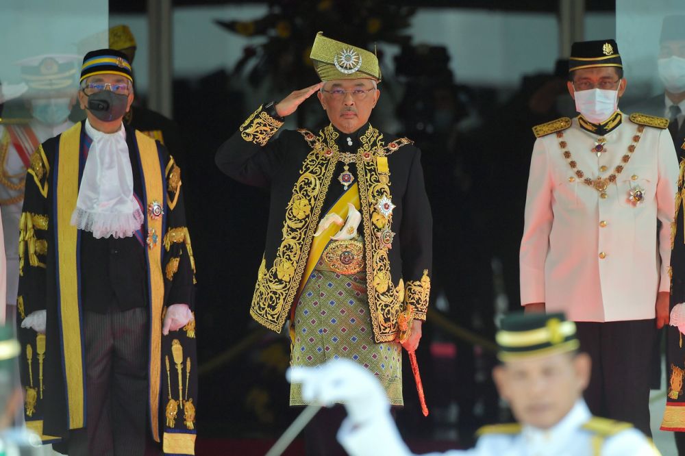 The Yang di-Pertuan Agong Al-Sultan Abdullah Riu00e2u20acu2122ayatuddin Al-Mustafa Billah Shah officiates the opening of the first meeting of the third session of the 14th Parliament in Kuala Lumpur May 18, 2020. u00e2u20acu201d Bernama pic 