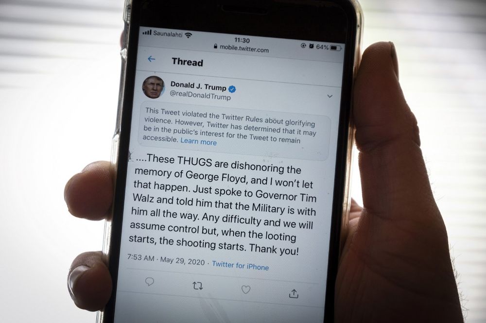 The twitter page of US President Donald Trumpu00e2u20acu2122s is displayed on a mobile phone in Vaasa, Finland, on May 29, 2020. Twitter on May 29, 2020 flagged a post by US President Donald Trump on the unrest in Minneapolis. u00e2u20acu201d AFP pic