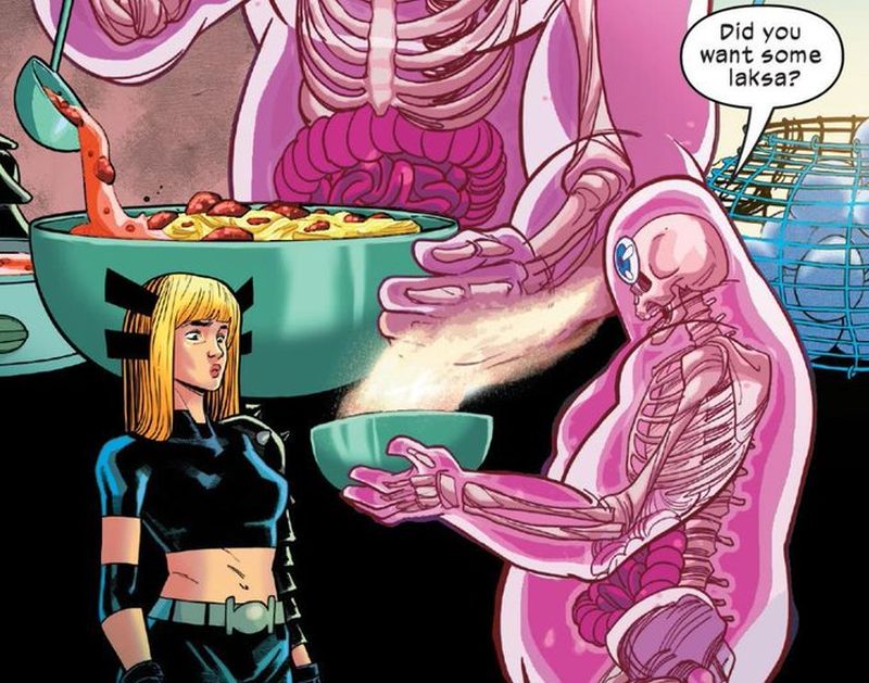 X-Men characters Glob offers Magik his home-cooked vegetarian laksa in issue #10 of u00e2u20acu02dcNew Mutantsu00e2u20acu2122. u00e2u20acu201d Picture from Twitter/@DrunkDezmond