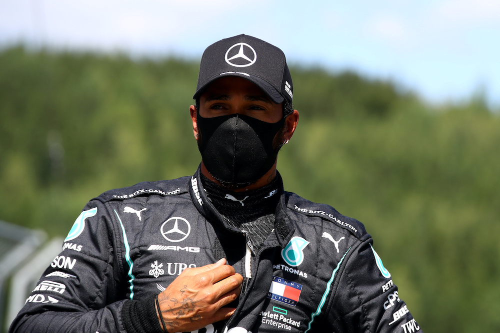Mercedes' Lewis Hamilton wearing a protective face mask after qualifying at the Austrian Grand Prix, July 4, 2020. u00e2u20acu201d Mark Thompson/Pool via Reuters