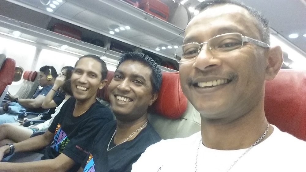 Sanjiv (centre) with his ‘band family’ ― Eddy Zachariah (left) and Mohamed Ariff (right). ― Picture courtesy of Aseana Percussion Unit (A.P.U)