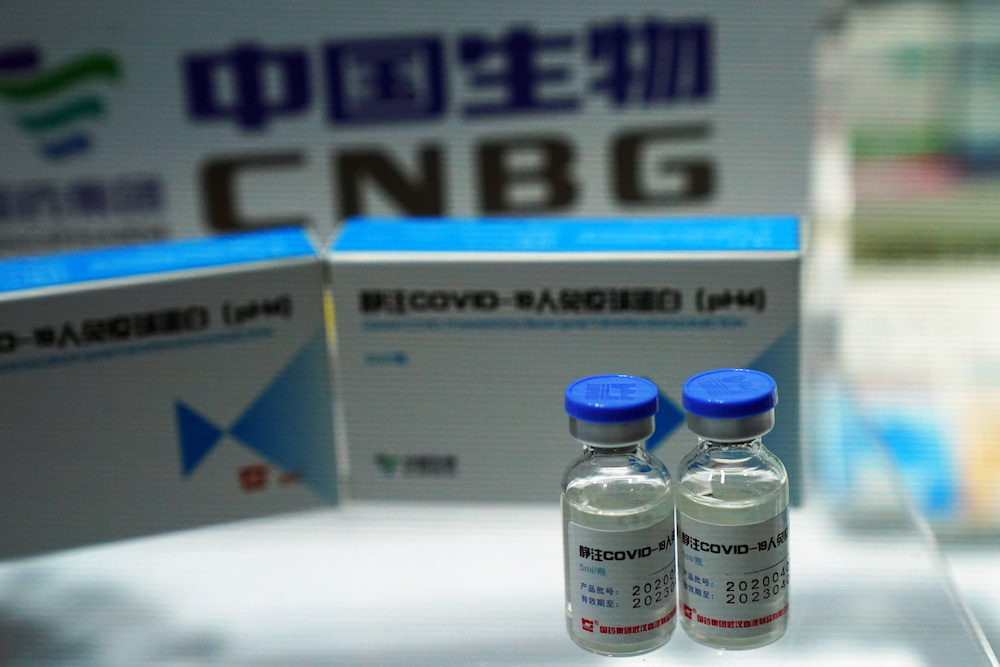A booth displaying a coronavirus vaccine candidate from China National Biotec Group (CNBG), is seen at the 2020 China International Fair for Trade in Services (CIFTIS), following the Covid-19 outbreak, in Beijing, China September 4, 2020. — Reuters pic
