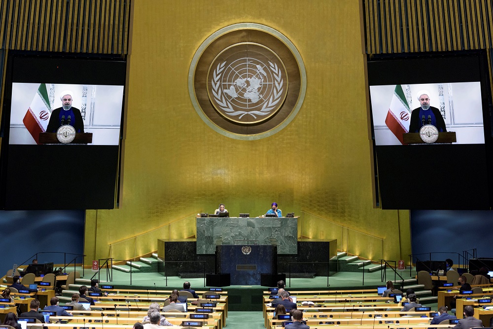 President of Islamic Republic of Iran Hassan Rouhani speaks virtually during the 75th annual UN General Assembly in New York September 22, 2020. u00e2u20acu2022 Handout via Reuters 