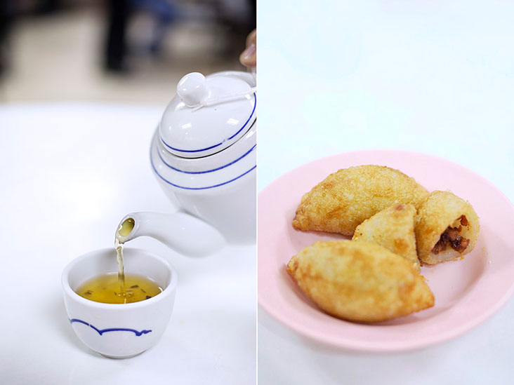 Pour some Chinese tea (left) and begin with some 'ham sui gok' or fried glutinous rice dumplings (right).