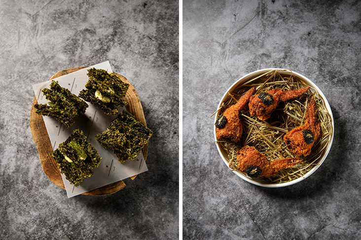 'Fish For It' has layered seaweed with green curry mousse and 'latok' or sea grapes sourced from Semporna (left). 'Belacan Chicken Wing' is addictive with its light, crispy layer and the filling of 'sambal belacan' fried rice (right)