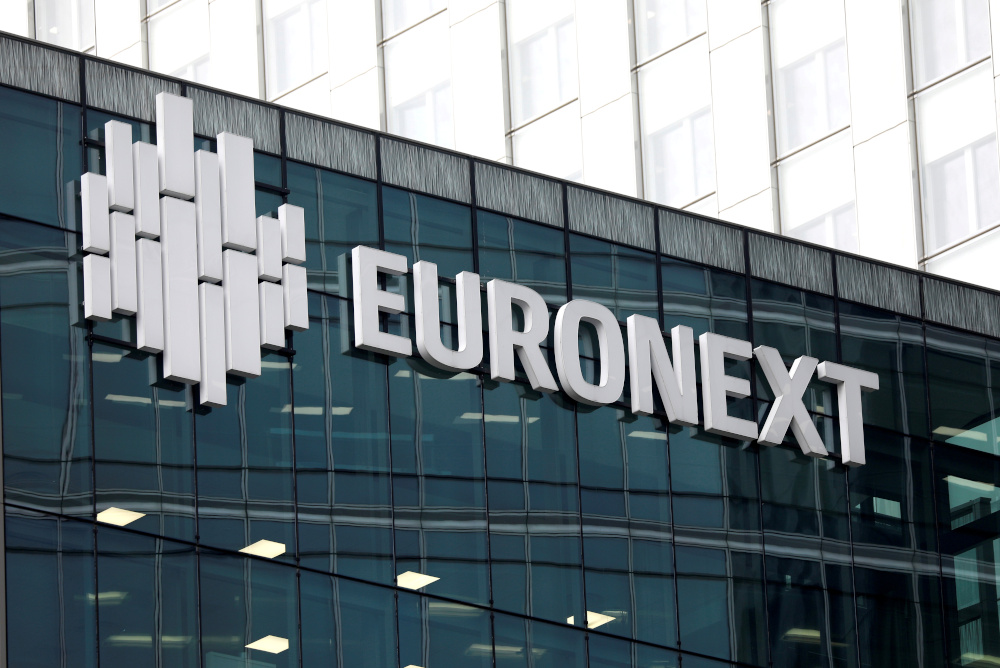The logo of stock market operator Euronext is seen on a building in the financial district of la Defense in Courbevoie, near Paris, France, May 14, 2018. — Reuters pic