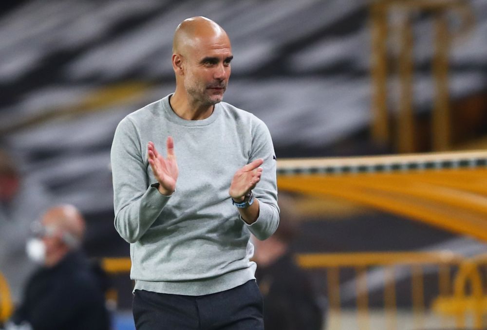 Manchester City manager Pep Guardiola celebrates their second goal against Wolverhampton Wanderers at the Molineux Stadium, Wolverhampton September 21, 2020. u00e2u20acu201d Reuters pic
