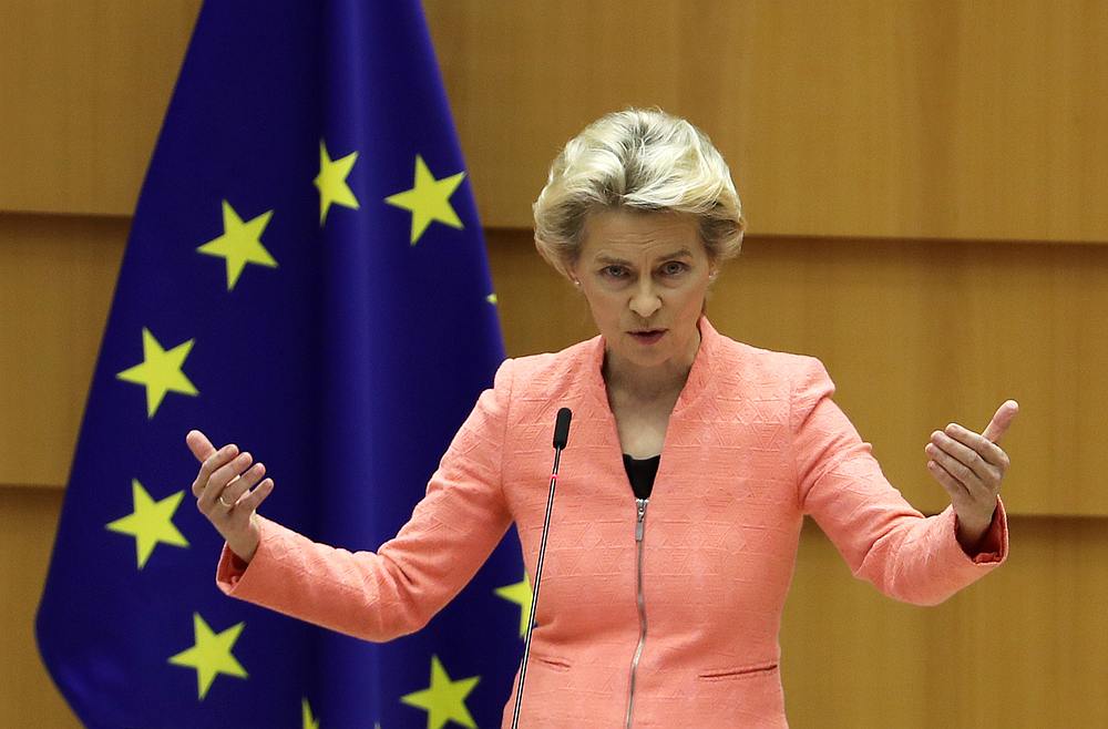 EC President Ursula von der Leyen speaks during a plenary session of the European Parliament as the Covid-19 outbreak continues, in Brussels, Belgium September 16, 2020. — Reuters pic
