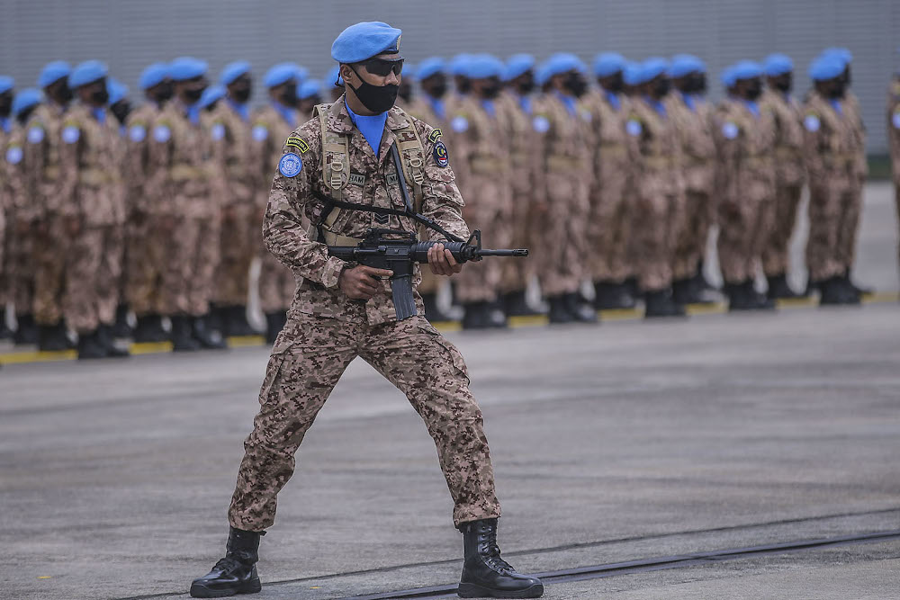 Members of the Malaysia MALBATT 850-8 battalion who will join the United Nations Interim Force (Unifil) in Lebanon are seen at the Subang air base, Shah Alam on October 1, 2020. — Picture by Hari Anggara