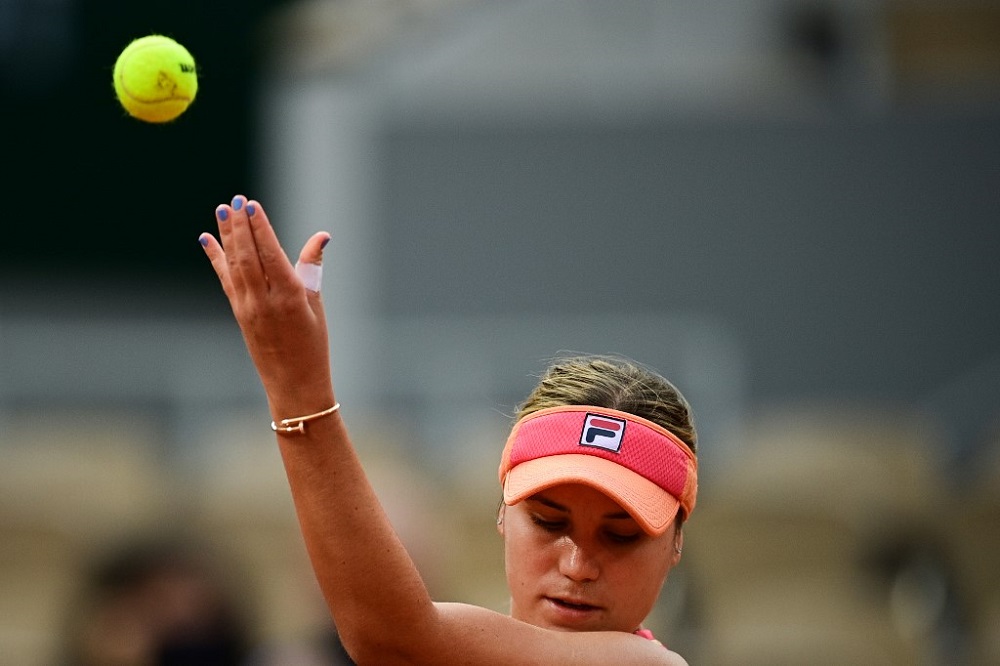 Sofia Kenin of the US serves the ball to Czech Republic's Petra Kvitova during their women's singles semi-final tennis match on Day 12 of The Roland Garros 2020 French Open tennis tournament in Paris October 8, 2020. u00e2u20acu201d AFP pic