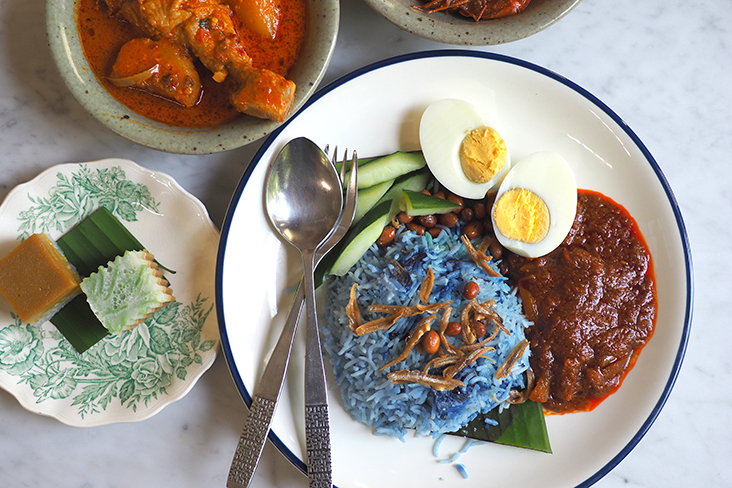 The 'nasi lemak' has blue-tinged basmati rice and is served with dessert of 'cendol' jelly and the 'talam' Tokyo