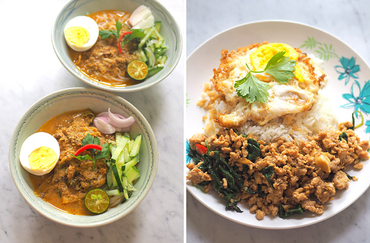 Slurp down the Siam 'laksa' with the creamy gravy made with canned sardines (left). The Thai stir fried chicken with basil is a comforting dish that you can't stop eating together with the fried egg and rice (right)