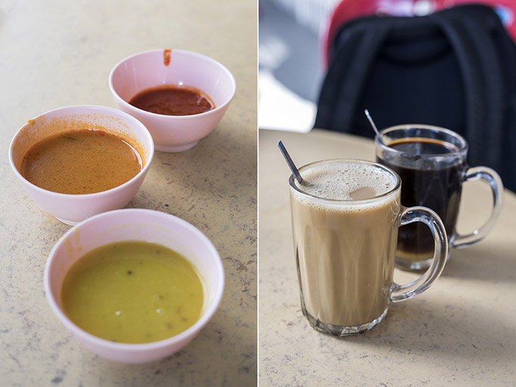 The indispensable trinity: dhal, curry and 'sambal' (left). 'Kopi' or 'kopi O'? (right)