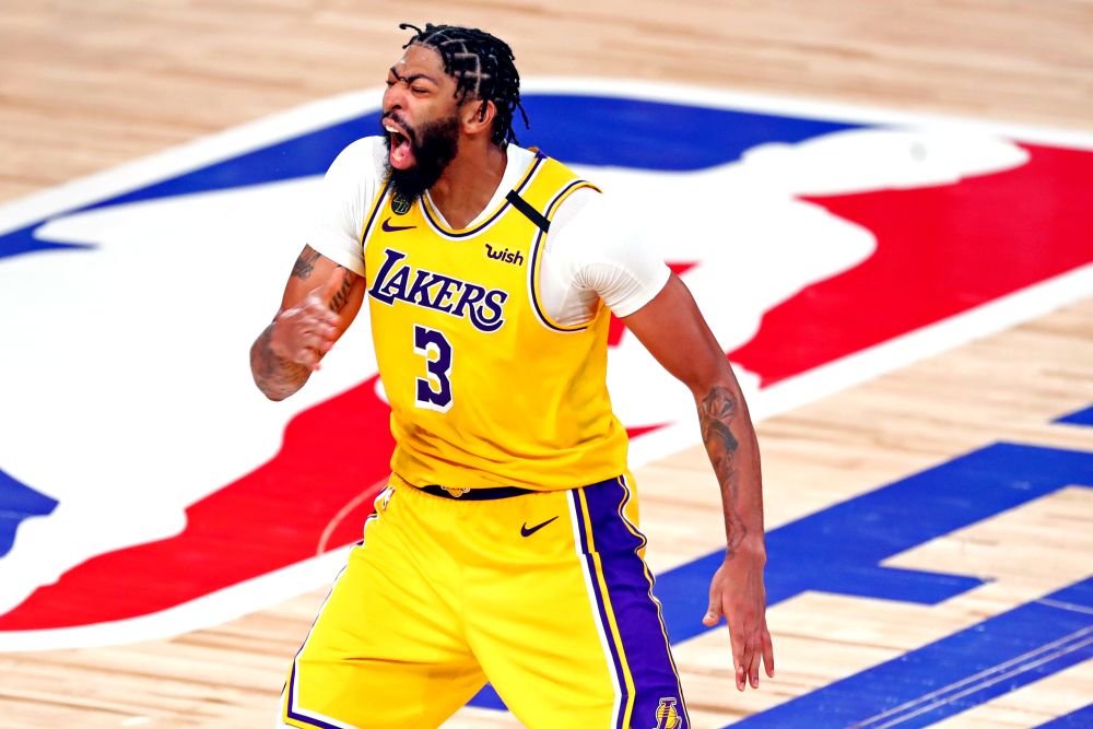 Los Angeles Lakers forward Anthony Davis (3) celebrates after making a three pointer against Miami Heat during the 2020 NBA Finals in Miami October 6, 2020. u00e2u20acu201d Reuters pic