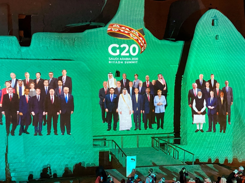 ‘Family Photo’ for annual G20 Summit World Leaders is projected onto Salwa Palace in At-Turaif in Diriyah, Saudi Arabia November 20, 2020. — Reuters pic