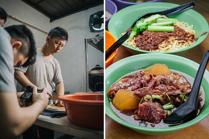 Behind your bowl of beef noodles at Yang Ki Beef Noodles is many hours of preparation from 5am to 10pm (left). Yang Ki is famous for their signature beef brisket and radish (front) and their Hakka noodles (back) (right)