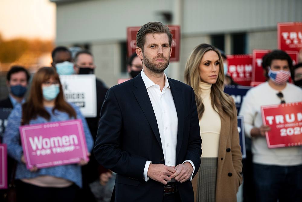 Lara Trump with her husband Eric son of US President Donald Trump at a news conference held at Atlantic Aviation PHL private air terminal in Philadelphia Pennsylvania