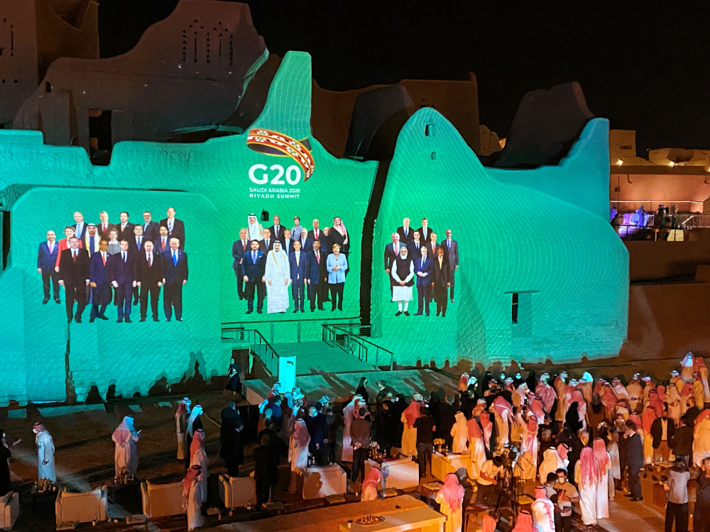 Projection of a ‘family photo’ for the annual G20 Leaders’ Summit onto Salwa Palace in At-Turaif, one of Saudi Arabia’s Unesco World Heritage sites, in Diriyah November 20, 2020. — Reuters pic