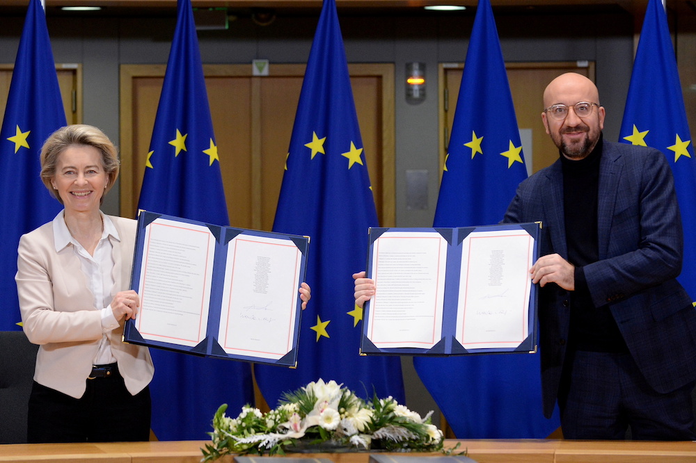 European Commission President Ursula von der Leyen and European Council President Charles Michel show signed Brexit trade agreement due to come into force on January 1, 2021, in Brussels, Belgium December 30, 2020. u00e2u20acu201d Reuters picn n