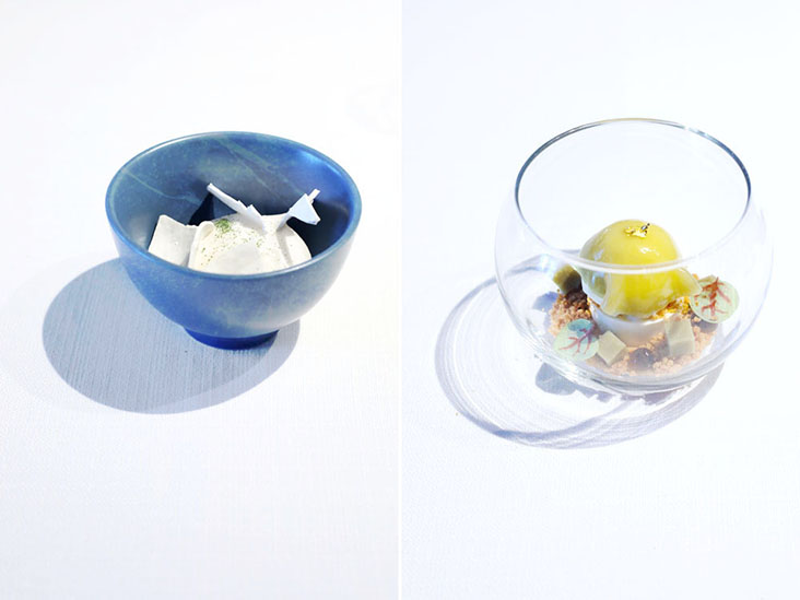Delicate dessert pairings include calamansi sorbet with 'aiyu' jelly and taro 'crémeux' with dark brown sugar sago.