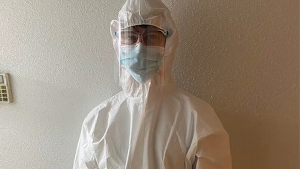 Texas high school student Mason Kalkofen wore a hazmat suit for his final examinations for fear of infecting the Covid-19 virus. u00e2u20acu2022 Screengrab via abc7news