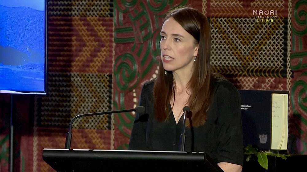 New Zealand Prime Minister Jacinda Ardern speaks during the one-year anniversary of the volcanic eruption on White Island that killed 22 people, in Whakatane, New Zealand, December 9, 2020. u00e2u20acu201d Maori Television still frame via Reuters