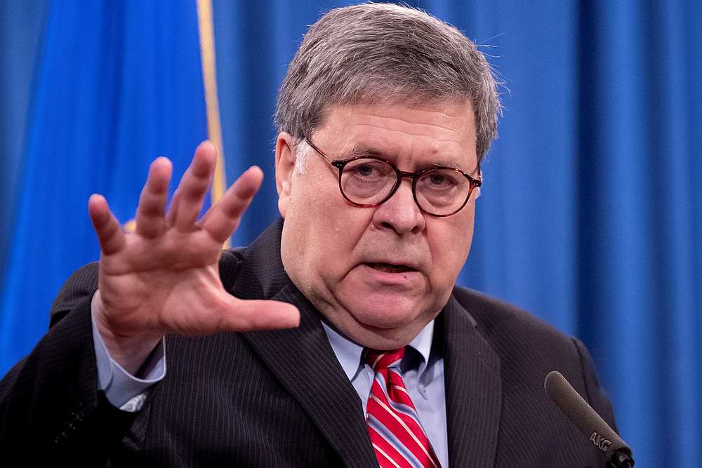 US Attorney General William Barr participates in a news conference at the US Department of Justice in Washington December 21, 2020. u00e2u20acu201d Pool pic via Reuters