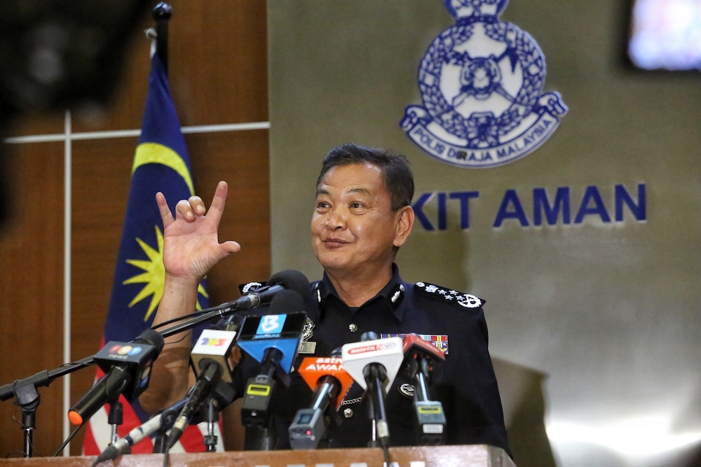 Inspector-General of Police Tan Sri Abdul Hamid Bador speaks at a press conference in Kuala Lumpur January 12, 2021. — Picture by Choo Choy May